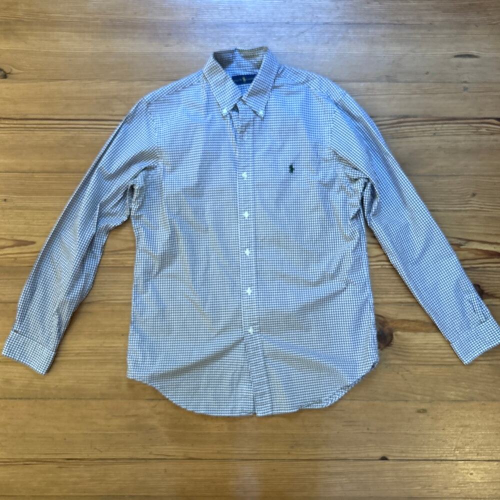 Ralph Lauren brown white check plaid long‎ sleeve button up dress shirt SIZE M